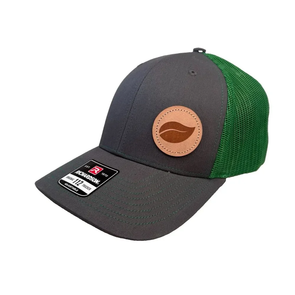 Richardson 112 Trucker Hat Leaf Logo Leather Patch Charcoal Green Snapback NEW